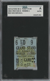 1916 World Series Game 5 Red Sox vs. Robins Title Clinching Ticket Stub - SGC Authentic (Babe Ruth W.S. Number 2 of 10)